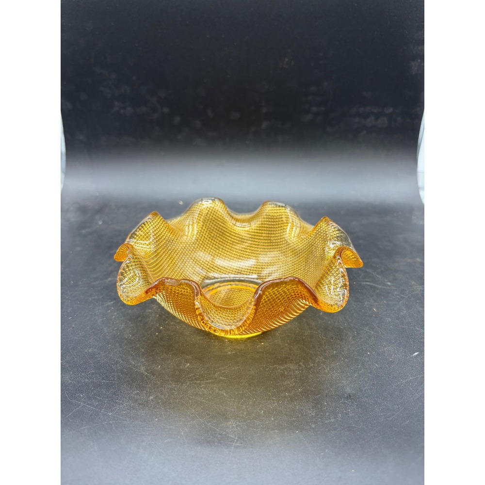 Vintage Amber Glass Ruffled Candy Dish Diamond Point Textured Scalloped Bowl